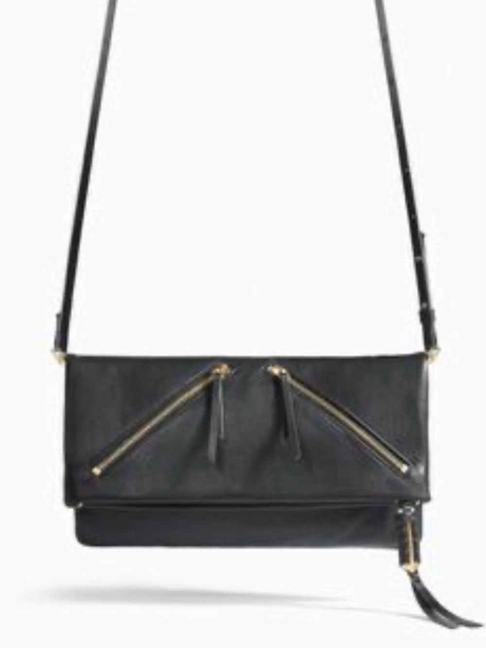 Stella & Dot Waverly Black Leather Fold-Over Crossbody with Gold Zippers
